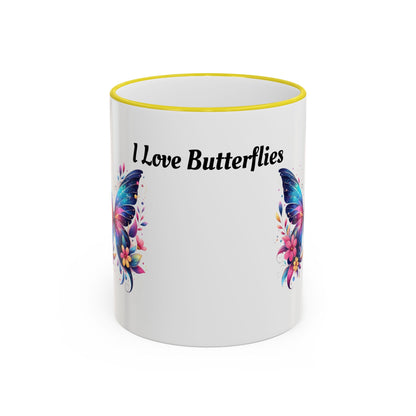 I Love Butterflies Accent Rim Mug — Floral Butterfly Coffee Cup (11oz/15oz)