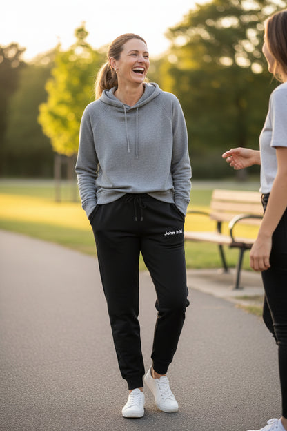 Embroidered Cozy Sweatpants — Casual Fleece Joggers with John 3:16 Script Logo