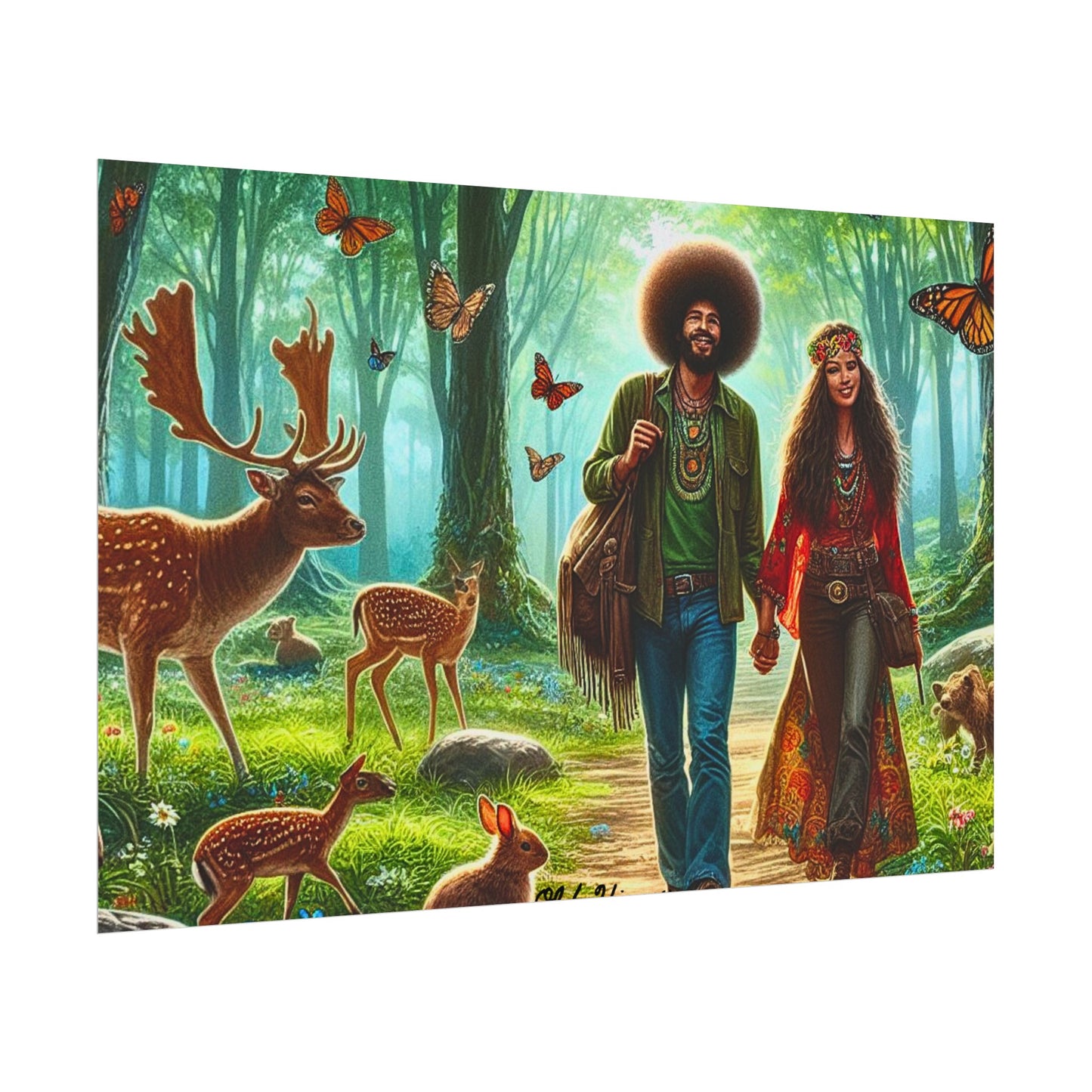 Hippies Strolling Through the Forest Watercolor Fine Poster Art