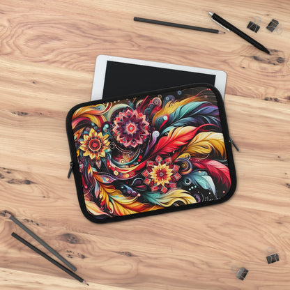 Colorful Floral Mandala Laptop Sleeve — Vibrant Boho Feather Design