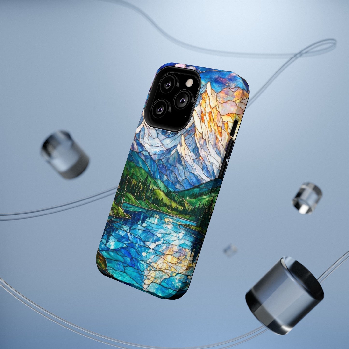 Stained Glass Mountain Lake Mosaic Phone Case — Impact-Resistant Artistic Protection