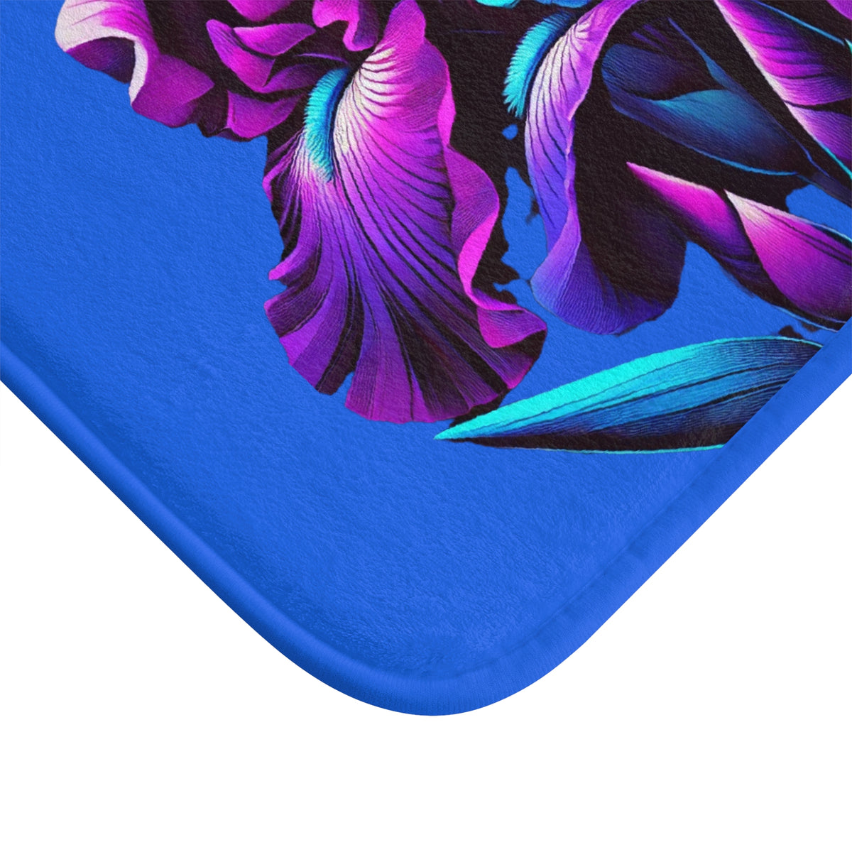 Vibrant Neon Iris Bath Mat — Blue & Purple Floral Bathroom Rug