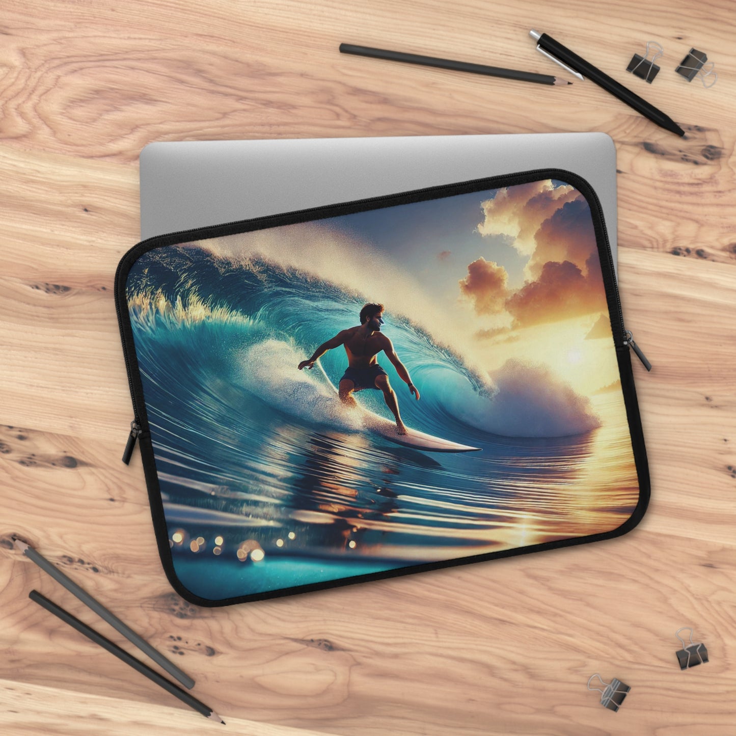 Longboard Surfer Sunrise Laptop Sleeve – Vibrant Ocean Wave Protective Case