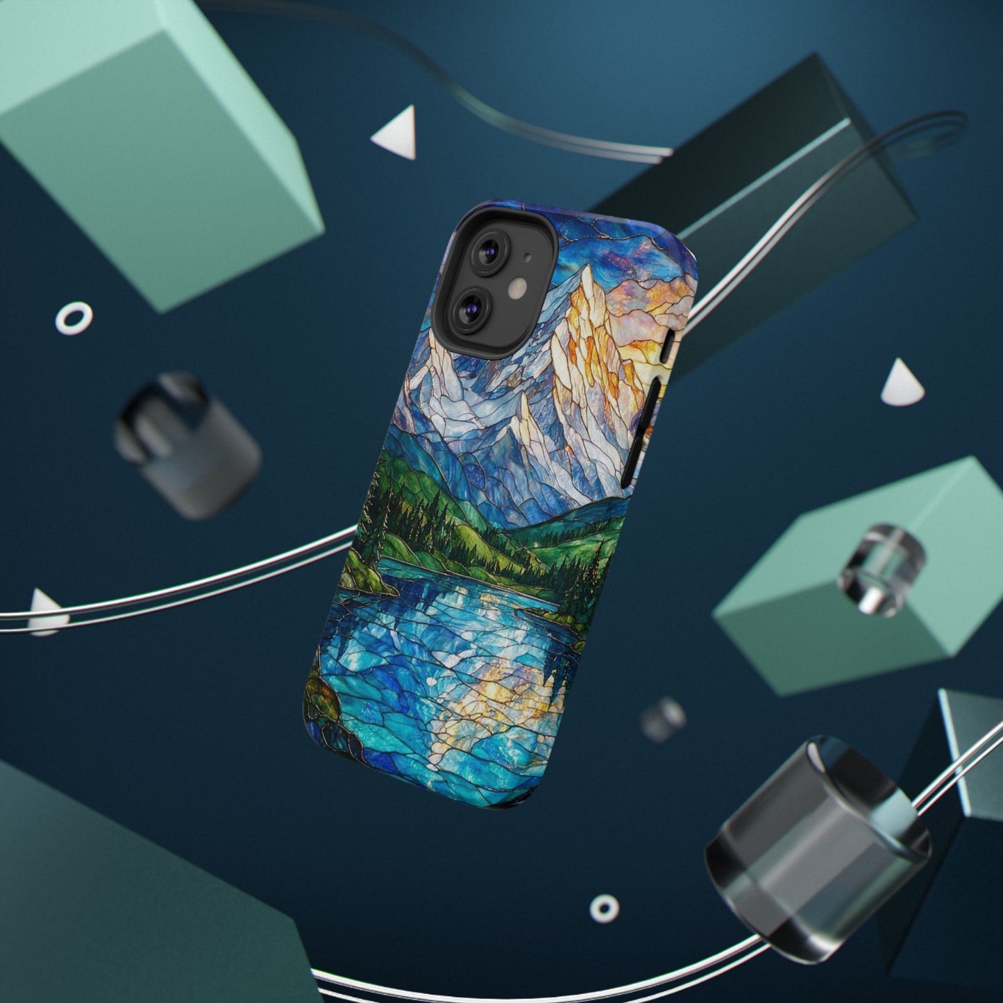 Stained Glass Mountain Lake Mosaic Phone Case — Impact-Resistant Artistic Protection