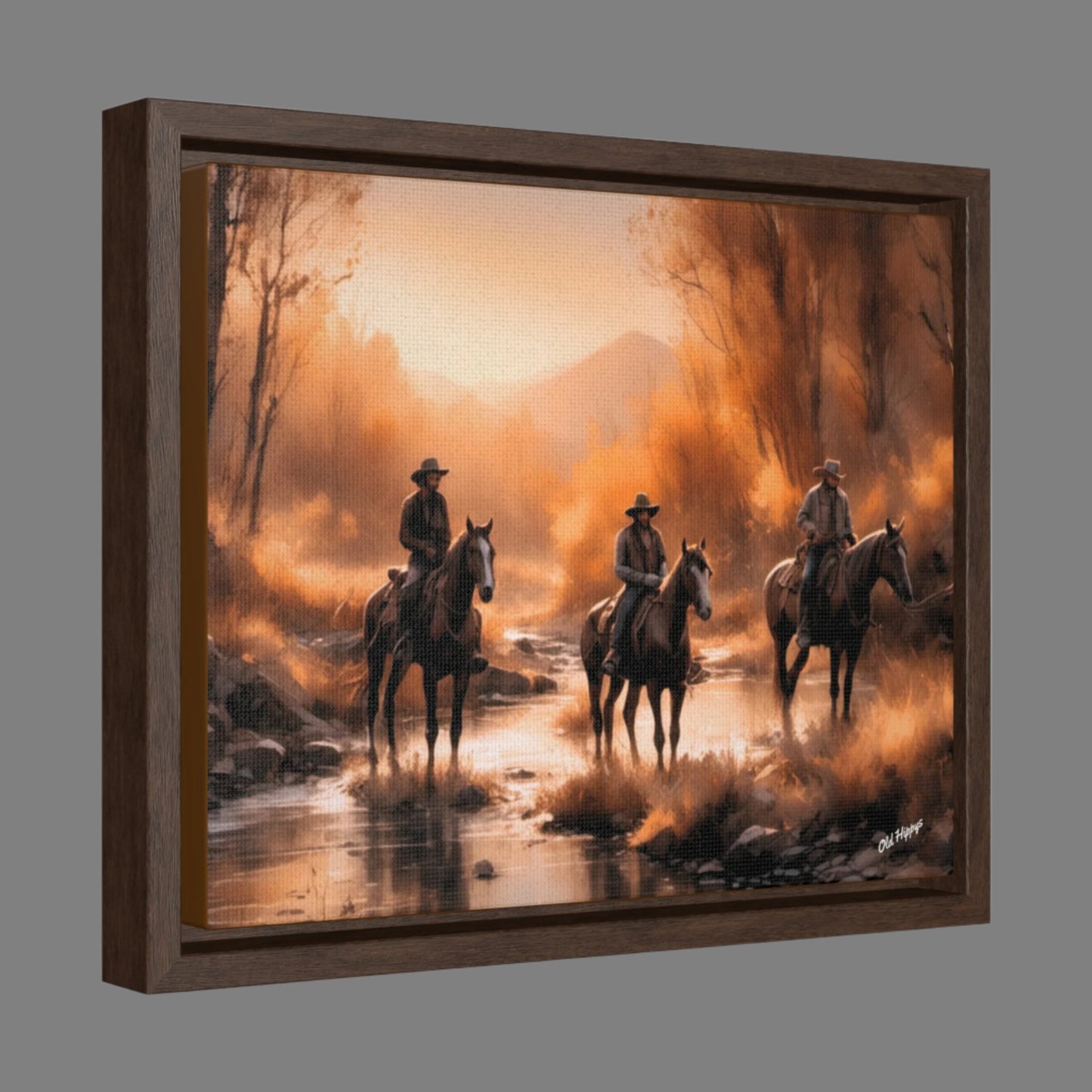 Cowboys Crossing A Stream Wood Framed Canvas Wrap