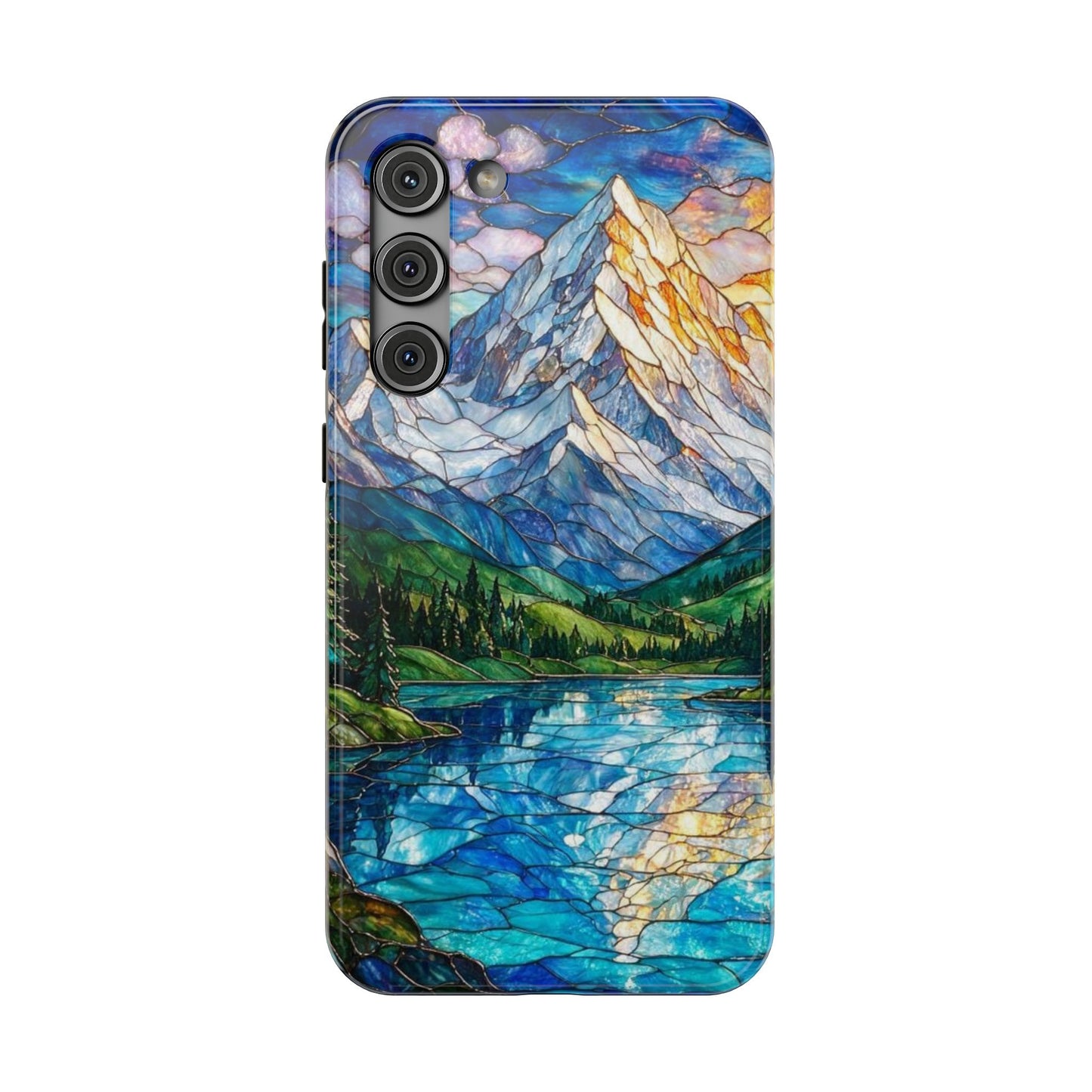 Stained Glass Mountain Lake Mosaic Phone Case — Impact-Resistant Artistic Protection