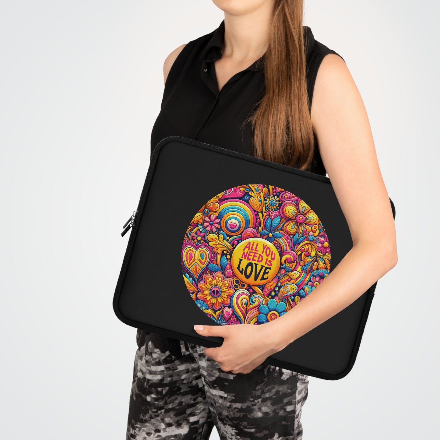 Laptop Sleeve — Colorful Retro "All You Need Is Love" Floral Design