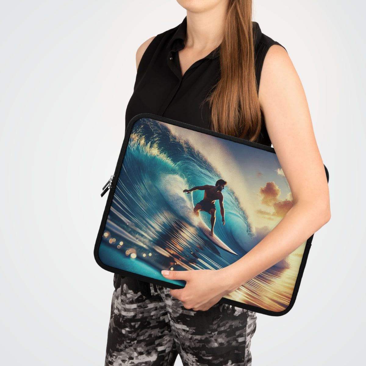 Longboard Surfer Sunrise Laptop Sleeve – Vibrant Ocean Wave Protective Case