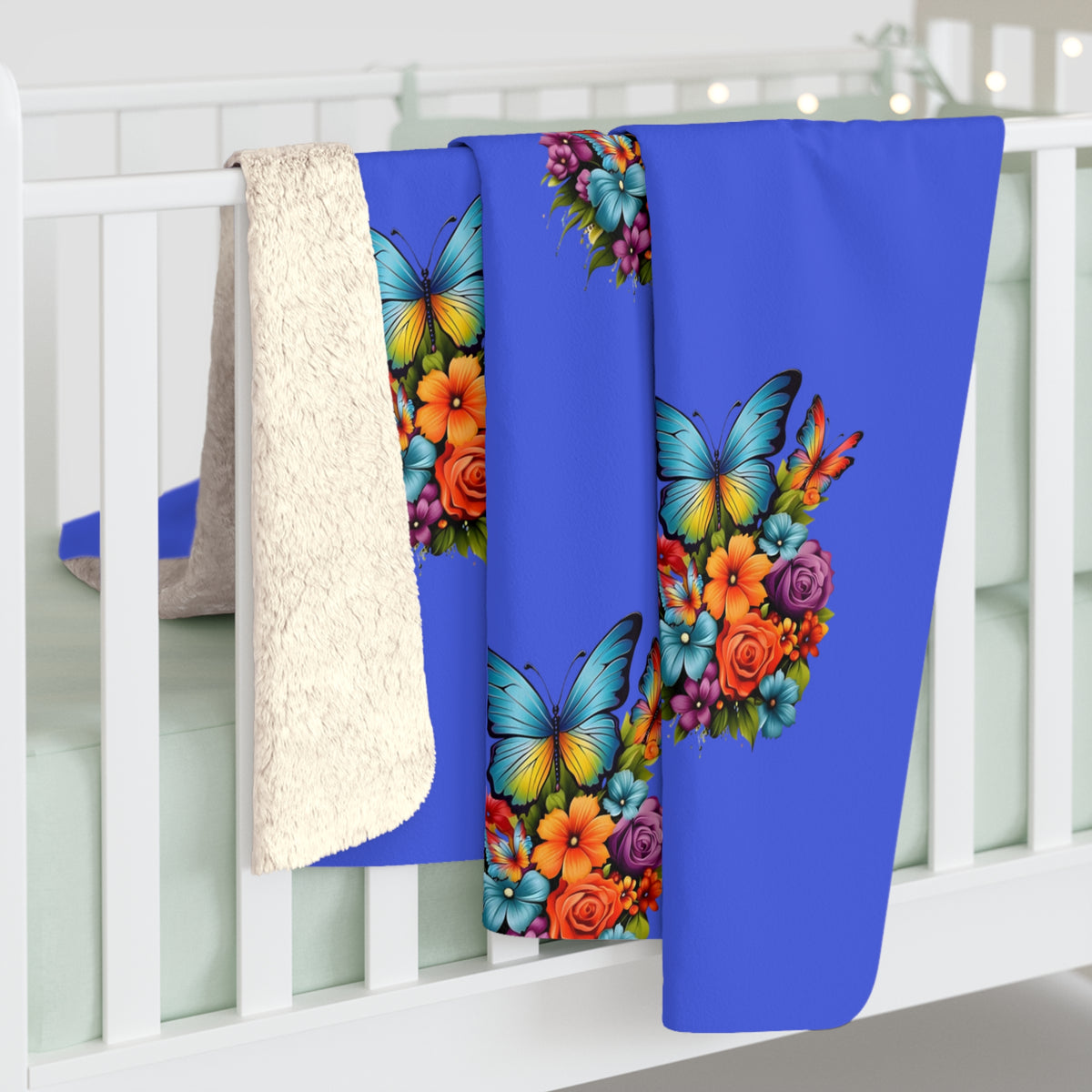 Sherpa Fleece Blanket — Blue Butterfly Floral Cozy Throw