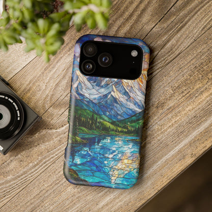 Stained Glass Mountain Lake Mosaic Phone Case — Impact-Resistant Artistic Protection