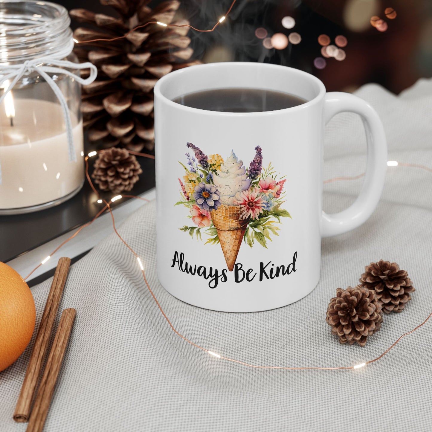 Always Be Kind Floral Ceramic Mug — Inspirational Coffee Cup (11oz, 15oz)