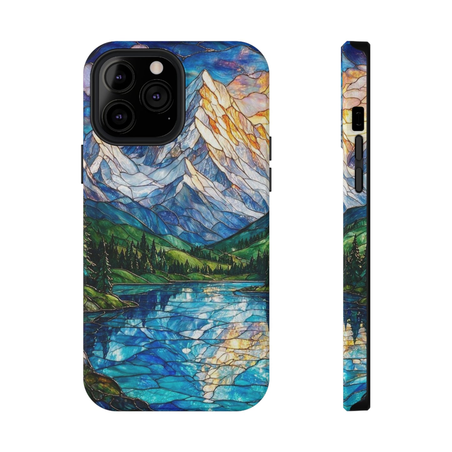 Stained Glass Mountain Lake Mosaic Phone Case — Impact-Resistant Artistic Protection