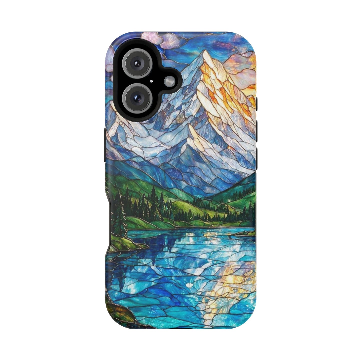 Stained Glass Mountain Lake Mosaic Phone Case — Impact-Resistant Artistic Protection