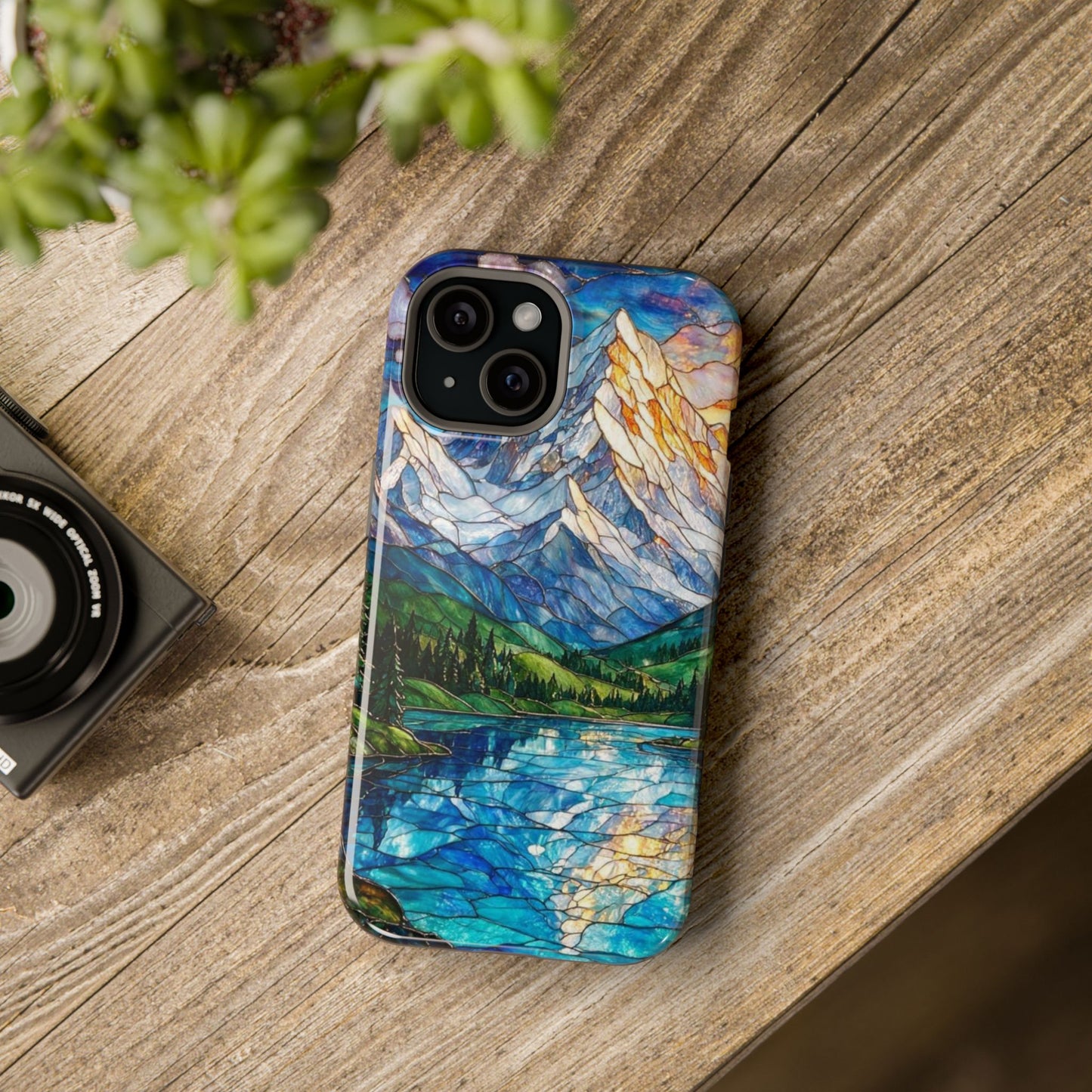 Stained Glass Mountain Lake Mosaic Phone Case — Impact-Resistant Artistic Protection