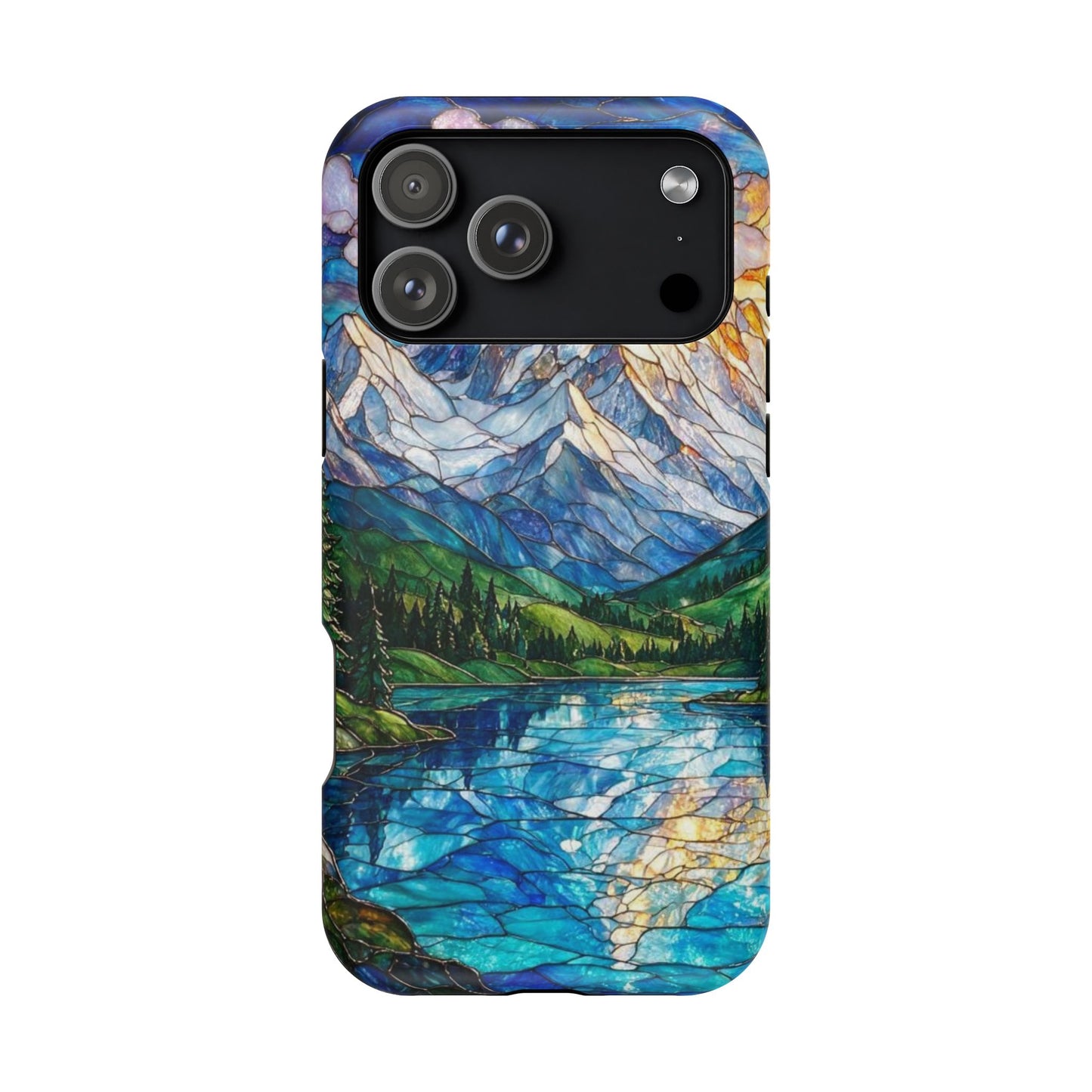 Stained Glass Mountain Lake Mosaic Phone Case — Impact-Resistant Artistic Protection