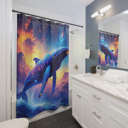 Celestial Whale Shower Curtain — Colorful Ocean Fantasy Bathroom Decor