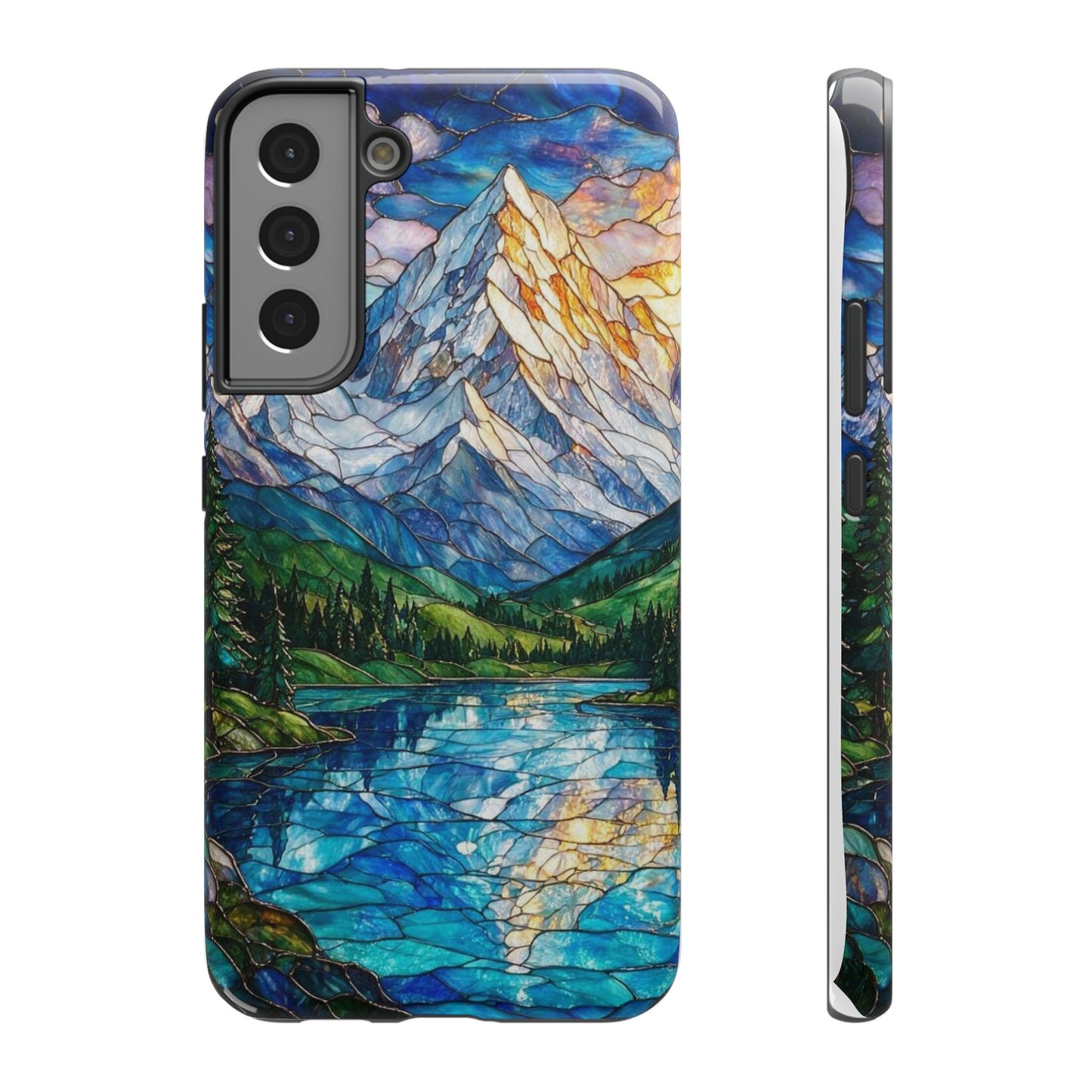 Stained Glass Mountain Lake Mosaic Phone Case — Impact-Resistant Artistic Protection