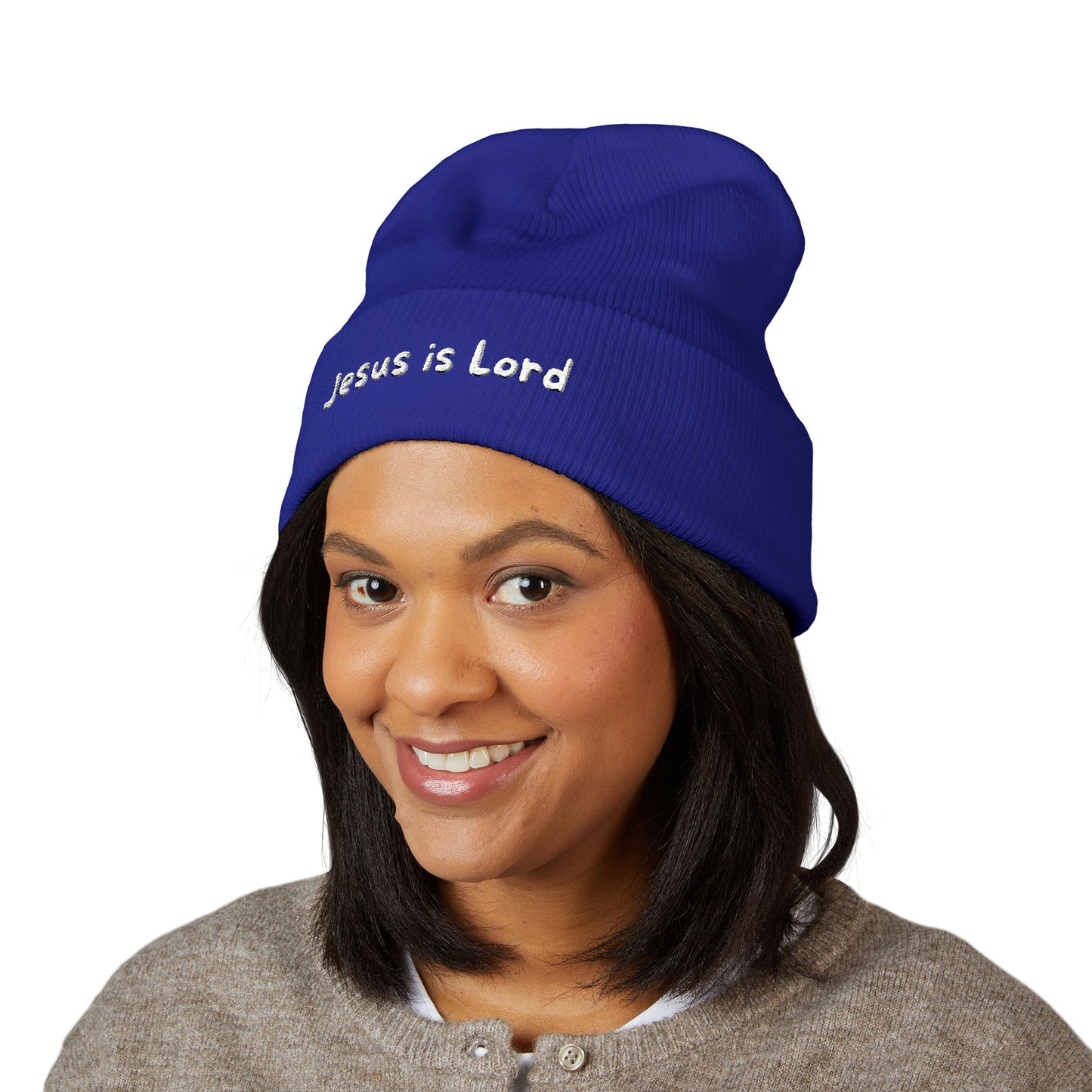 Embroidered 'Jesus is Lord' Cuffed Beanie — Christian Faith Knit Hat