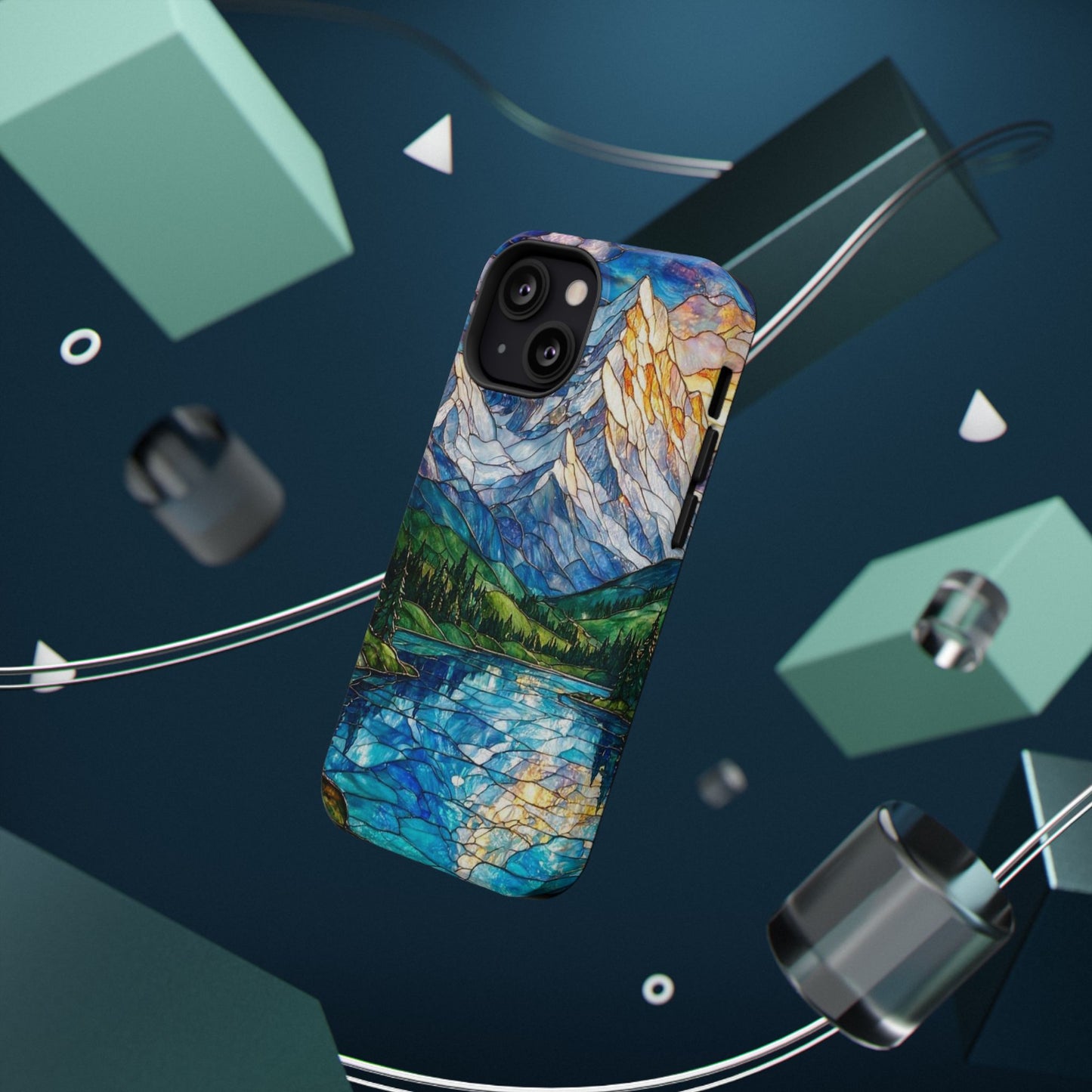 Stained Glass Mountain Lake Mosaic Phone Case — Impact-Resistant Artistic Protection