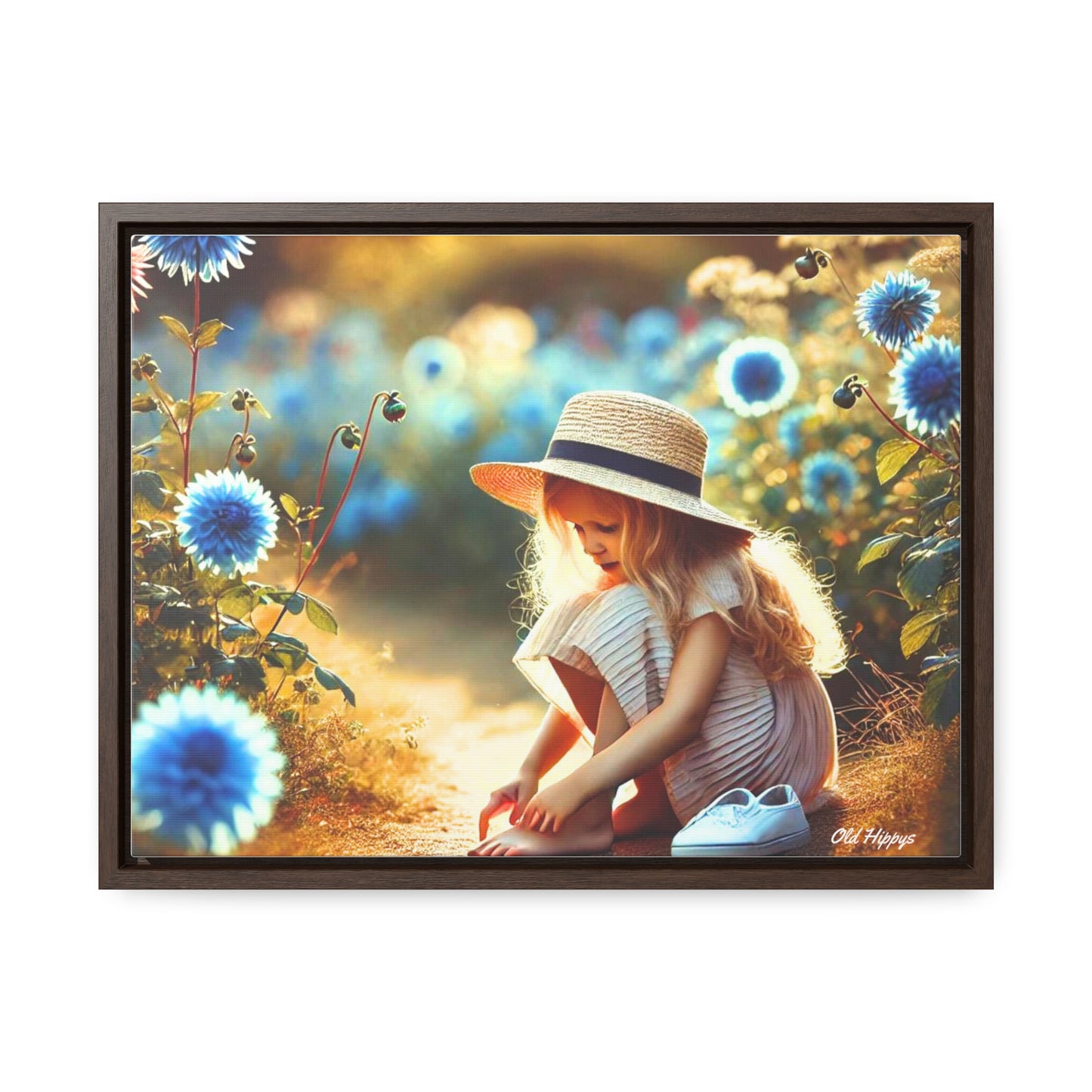 Girl and Blue Flowers Framed Canvas Wrap