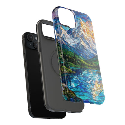 Stained Glass Mountain Lake Mosaic Phone Case — Impact-Resistant Artistic Protection