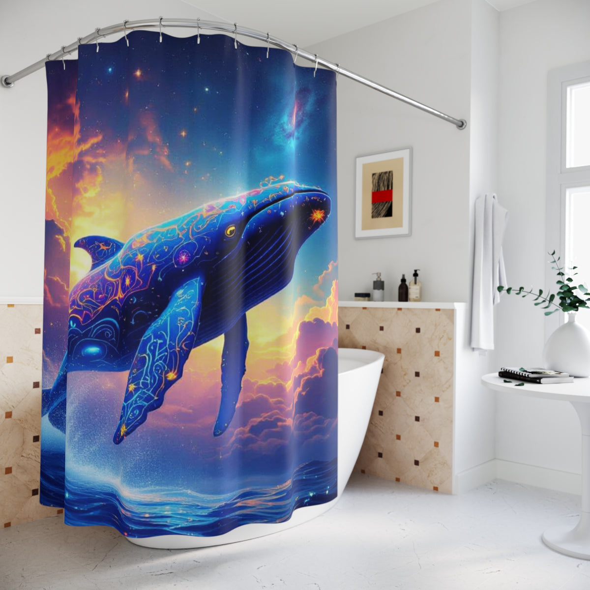 Celestial Whale Shower Curtain — Colorful Ocean Fantasy Bathroom Decor