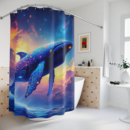 Celestial Whale Shower Curtain — Colorful Ocean Fantasy Bathroom Decor