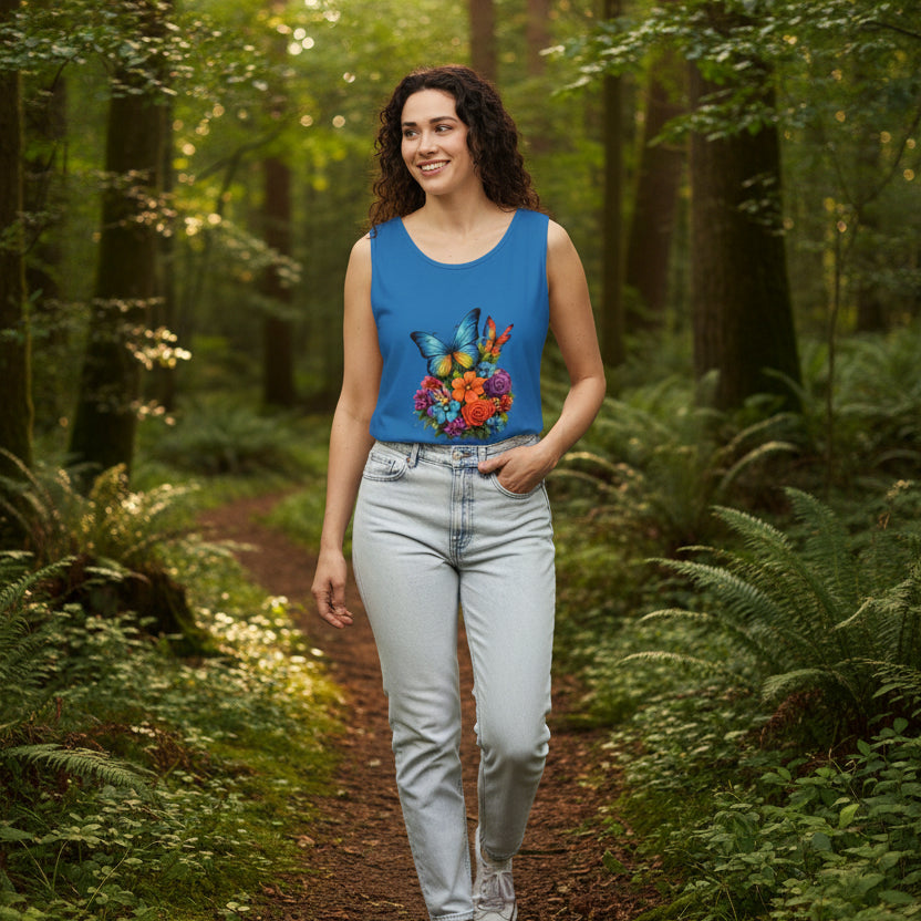 Butterfly Floral Tank Top — Colorful Garden Print Summer Tee