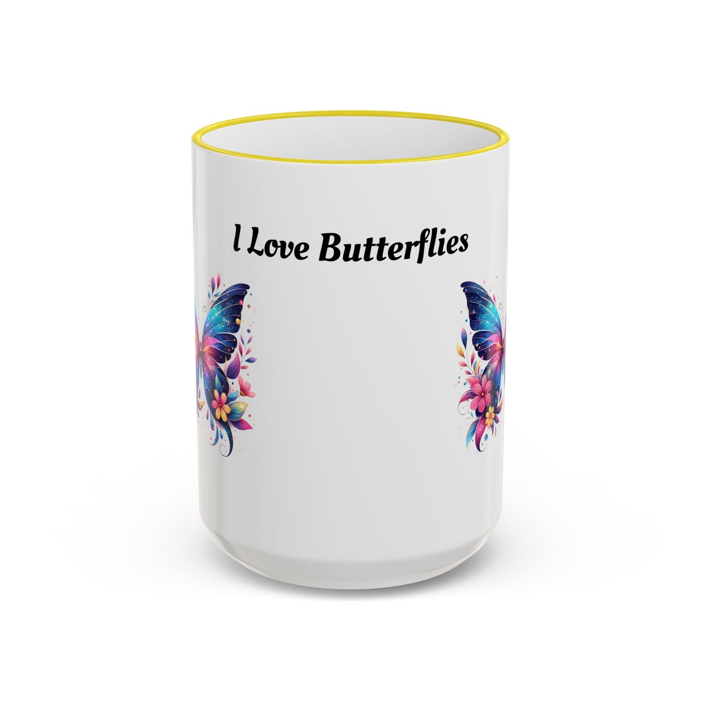 I Love Butterflies Accent Rim Mug — Floral Butterfly Coffee Cup (11oz/15oz)