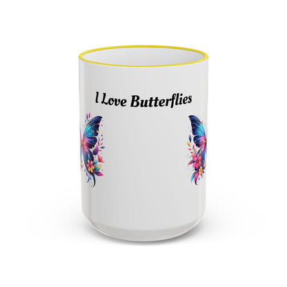 I Love Butterflies Accent Rim Mug — Floral Butterfly Coffee Cup (11oz/15oz)
