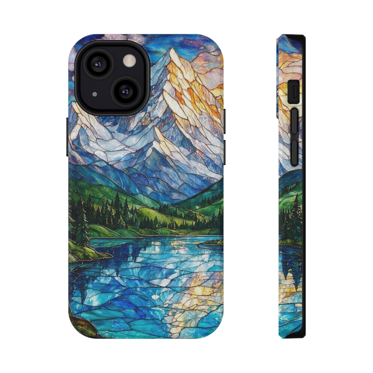 Stained Glass Mountain Lake Mosaic Phone Case — Impact-Resistant Artistic Protection