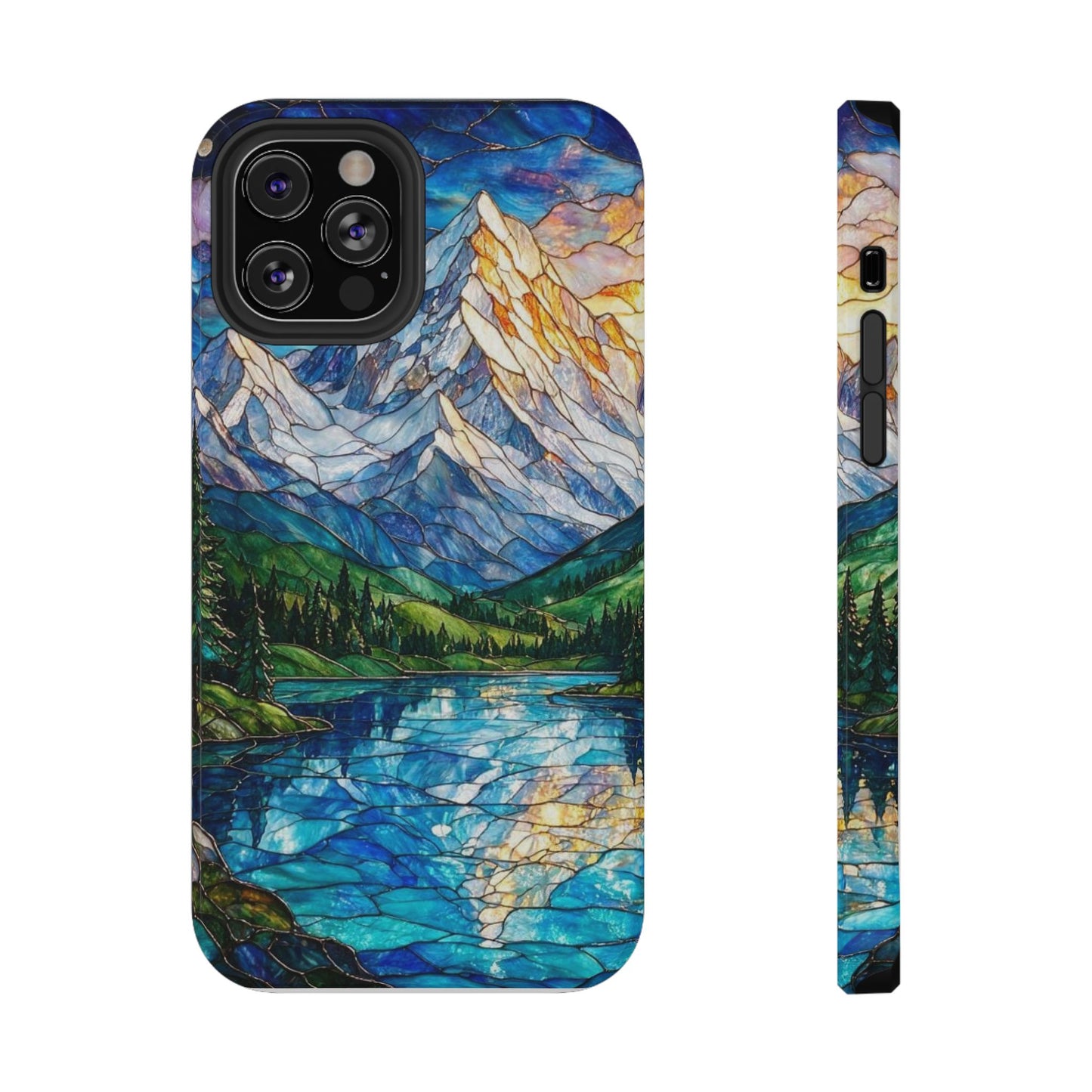 Stained Glass Mountain Lake Mosaic Phone Case — Impact-Resistant Artistic Protection