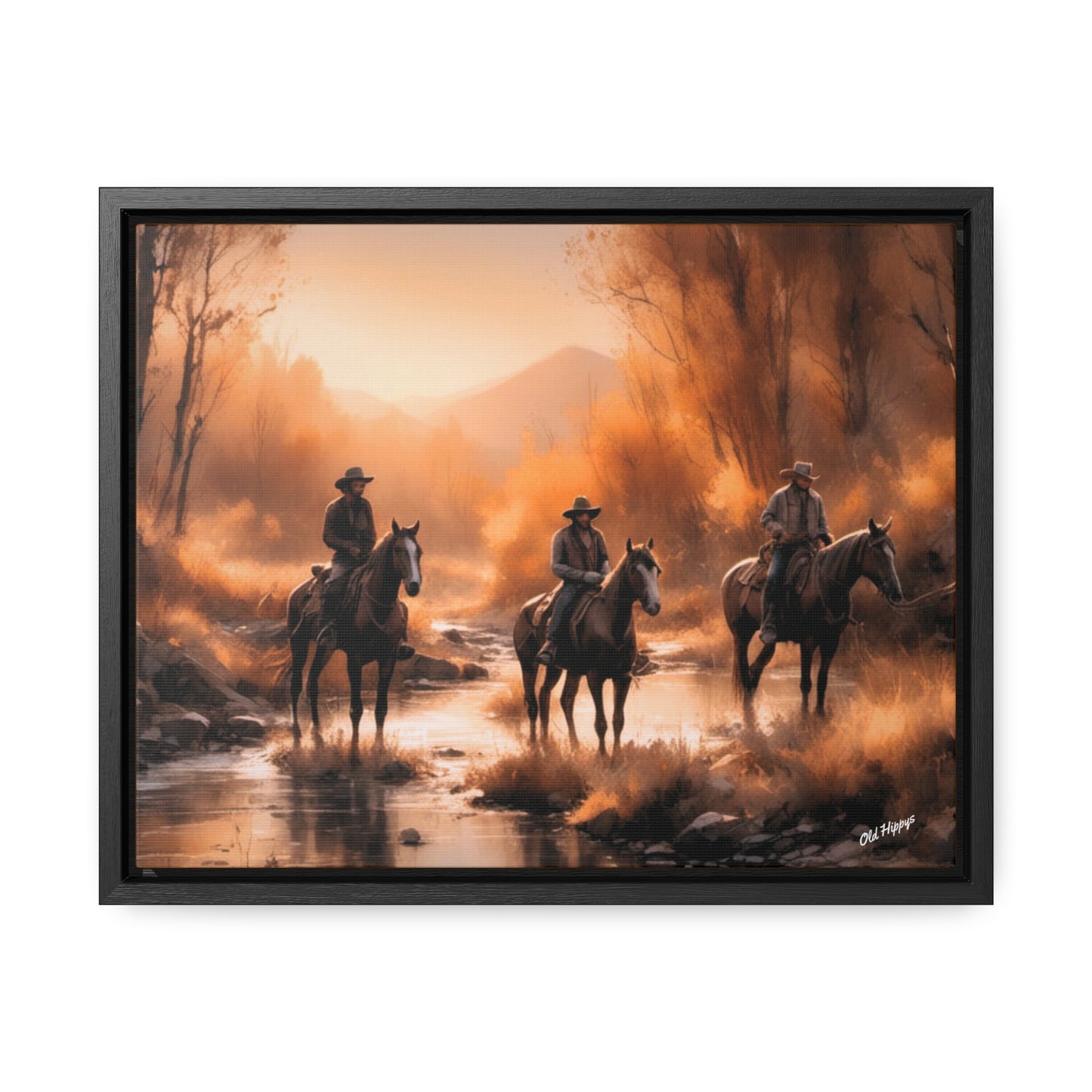 Cowboys Crossing A Stream Wood Framed Canvas Wrap