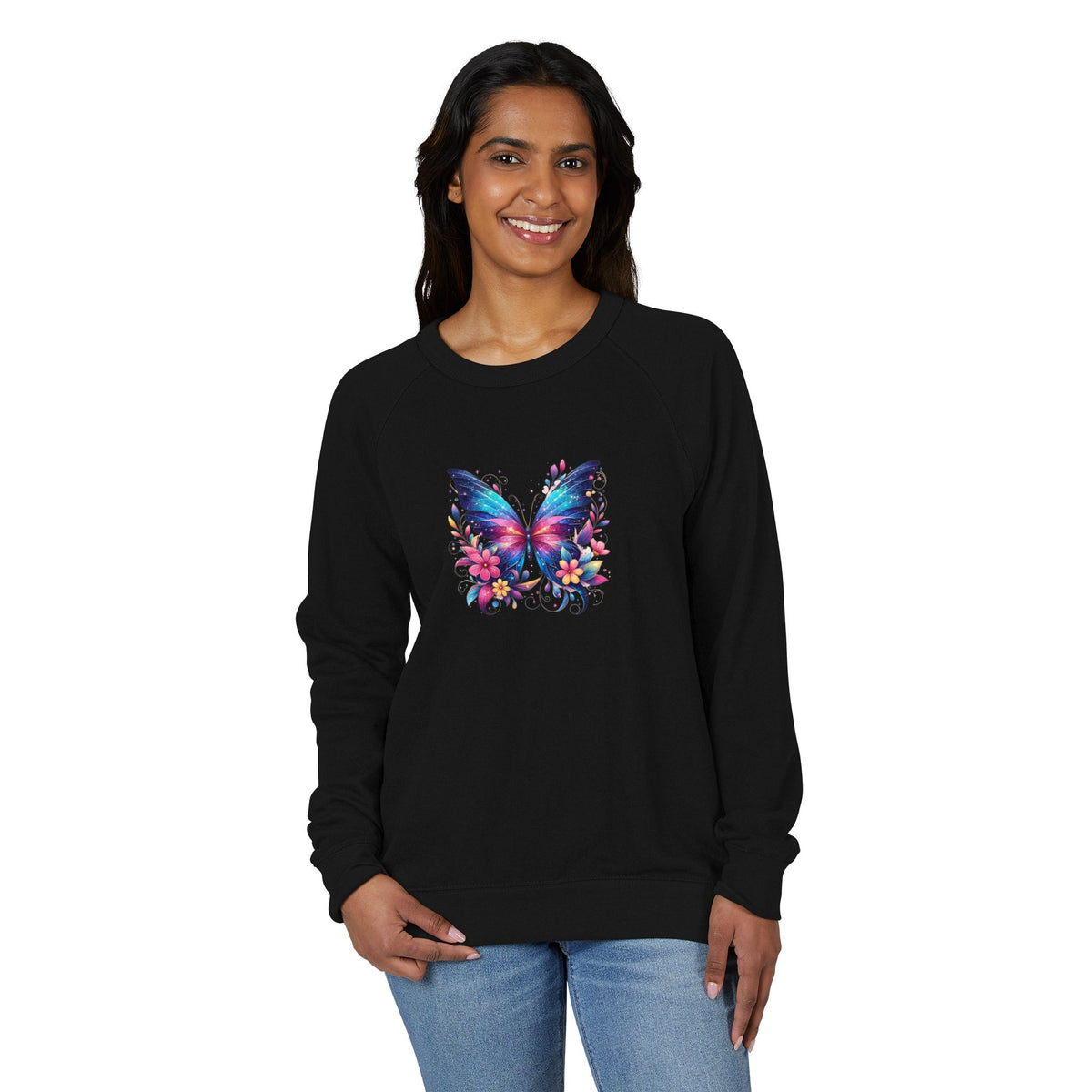 Butterfly Floral French Raglan Crewneck Sweatshirt – Colorful Wings Graphic
