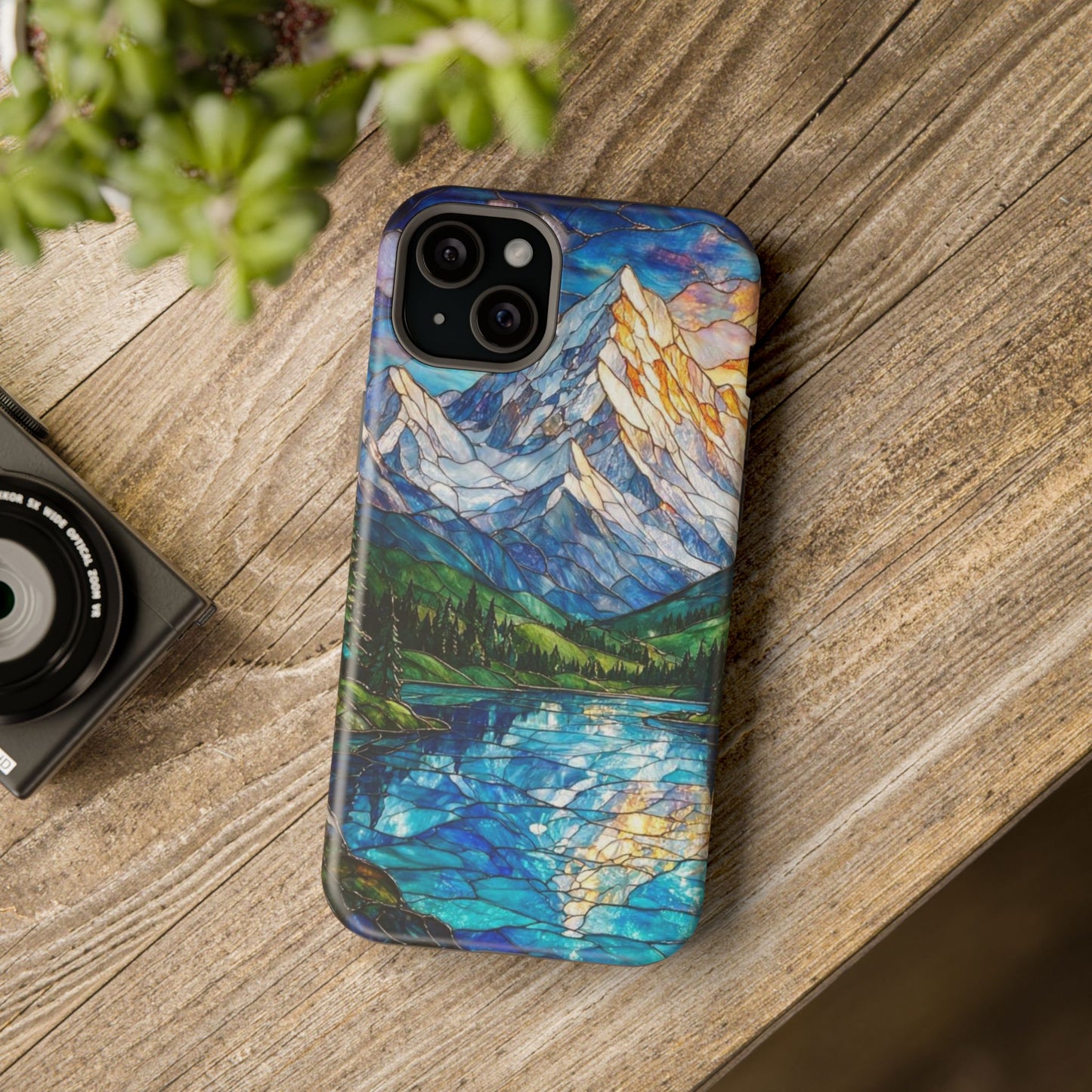 Stained Glass Mountain Lake Mosaic Phone Case — Impact-Resistant Artistic Protection