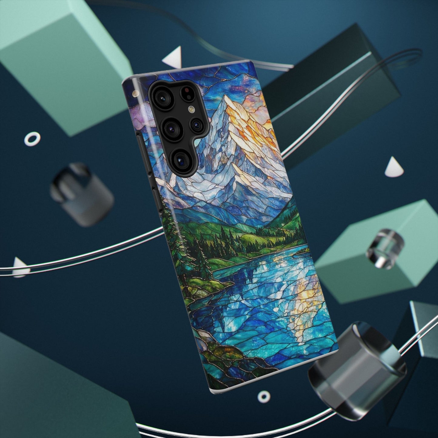Stained Glass Mountain Lake Mosaic Phone Case — Impact-Resistant Artistic Protection