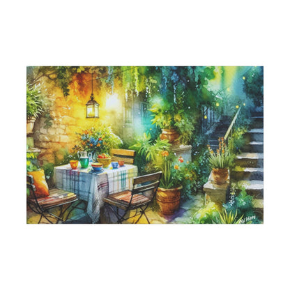 Serene Garden Bistro Canvas Print — Stretched Matte Wall Art