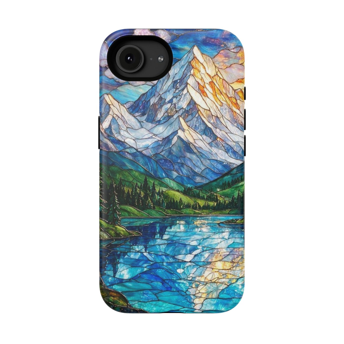 Stained Glass Mountain Lake Mosaic Phone Case — Impact-Resistant Artistic Protection