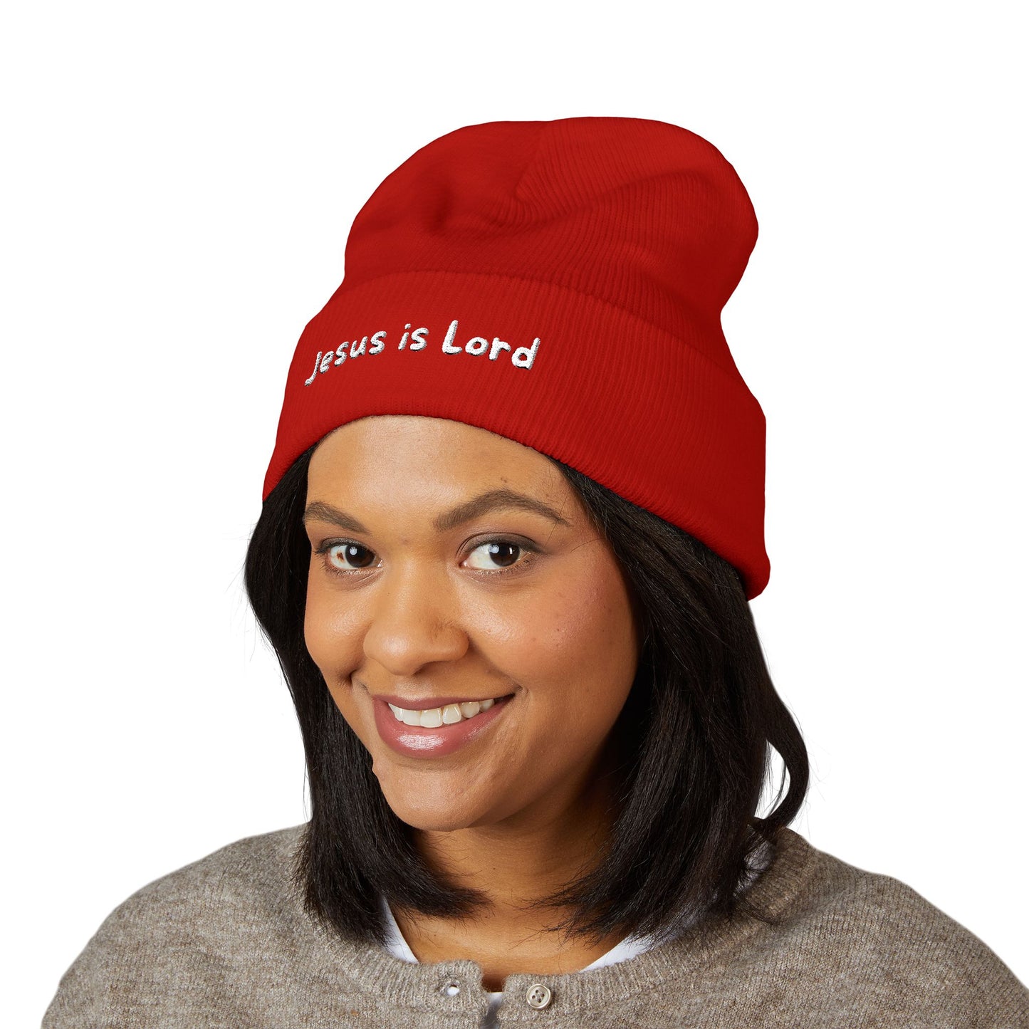 Embroidered 'Jesus is Lord' Cuffed Beanie — Christian Faith Knit Hat