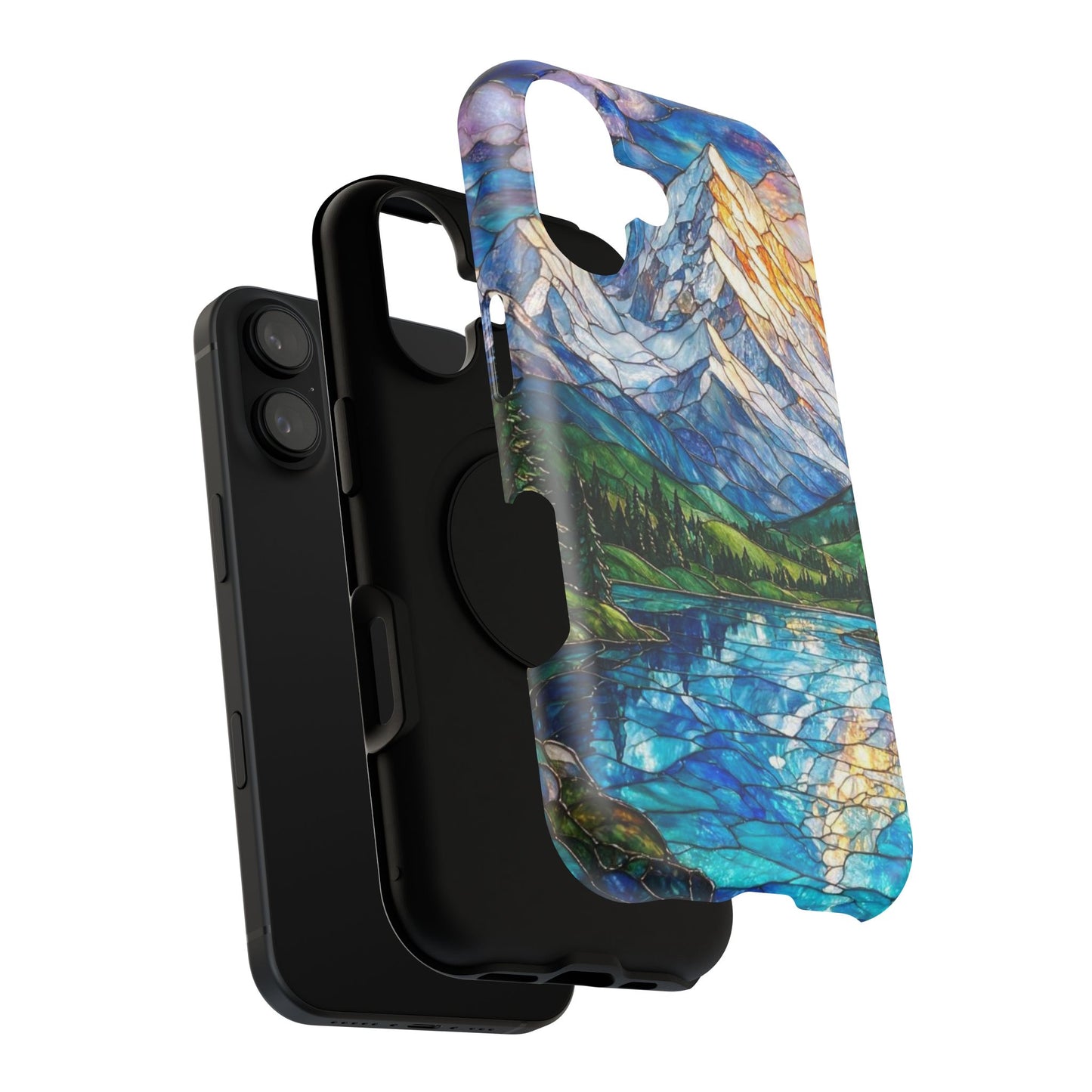 Stained Glass Mountain Lake Mosaic Phone Case — Impact-Resistant Artistic Protection