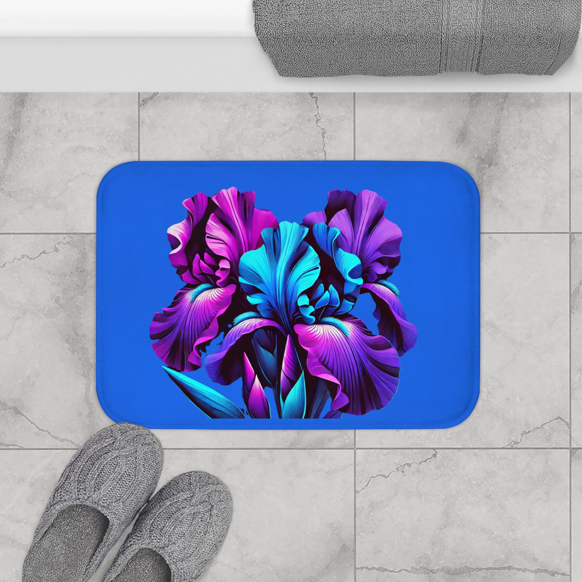 Vibrant Neon Iris Bath Mat — Blue & Purple Floral Bathroom Rug