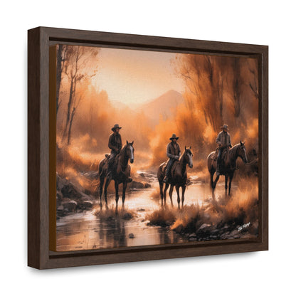 Cowboys Crossing A Stream Wood Framed Canvas Wrap