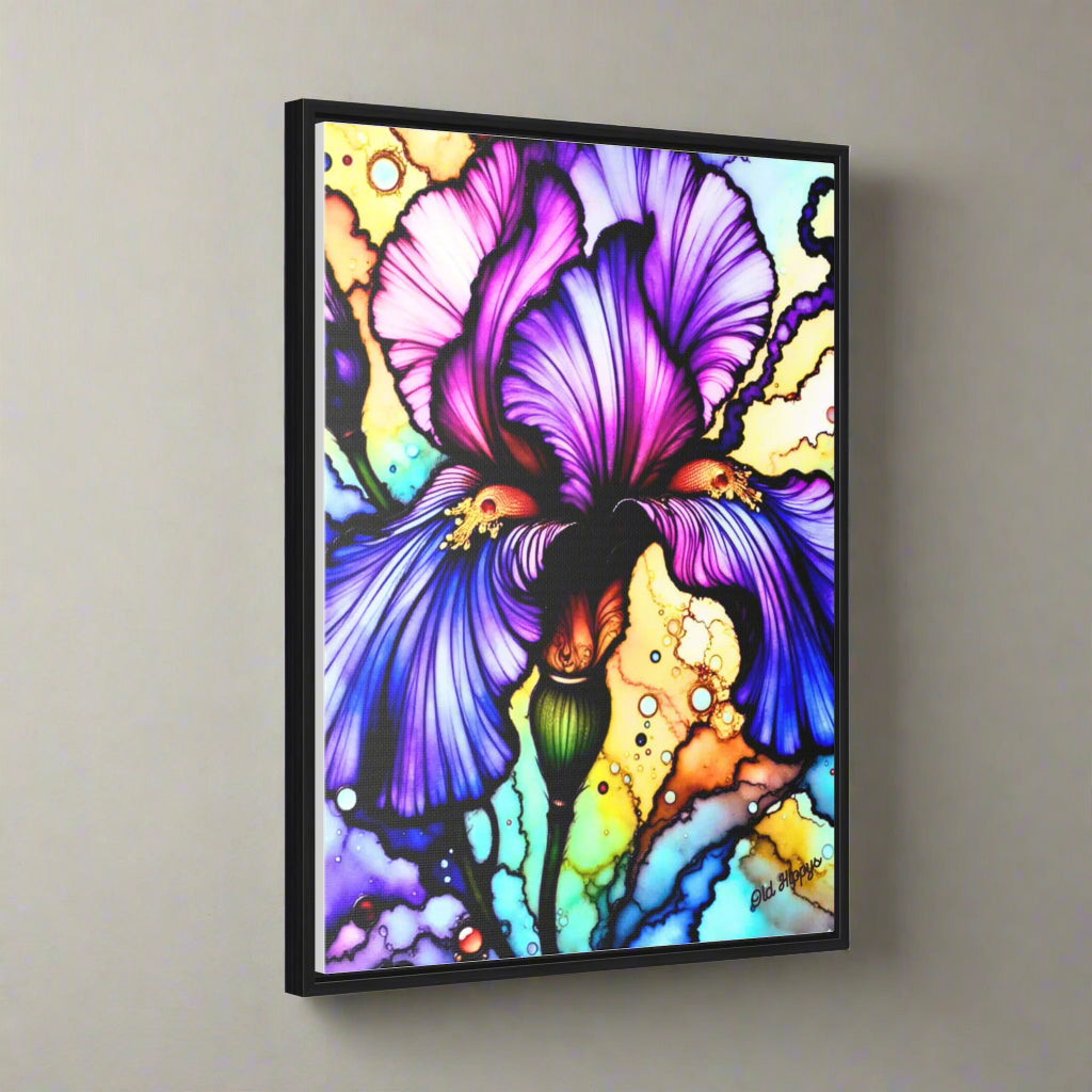 Stained Glass Iris Wood Framed Canvas