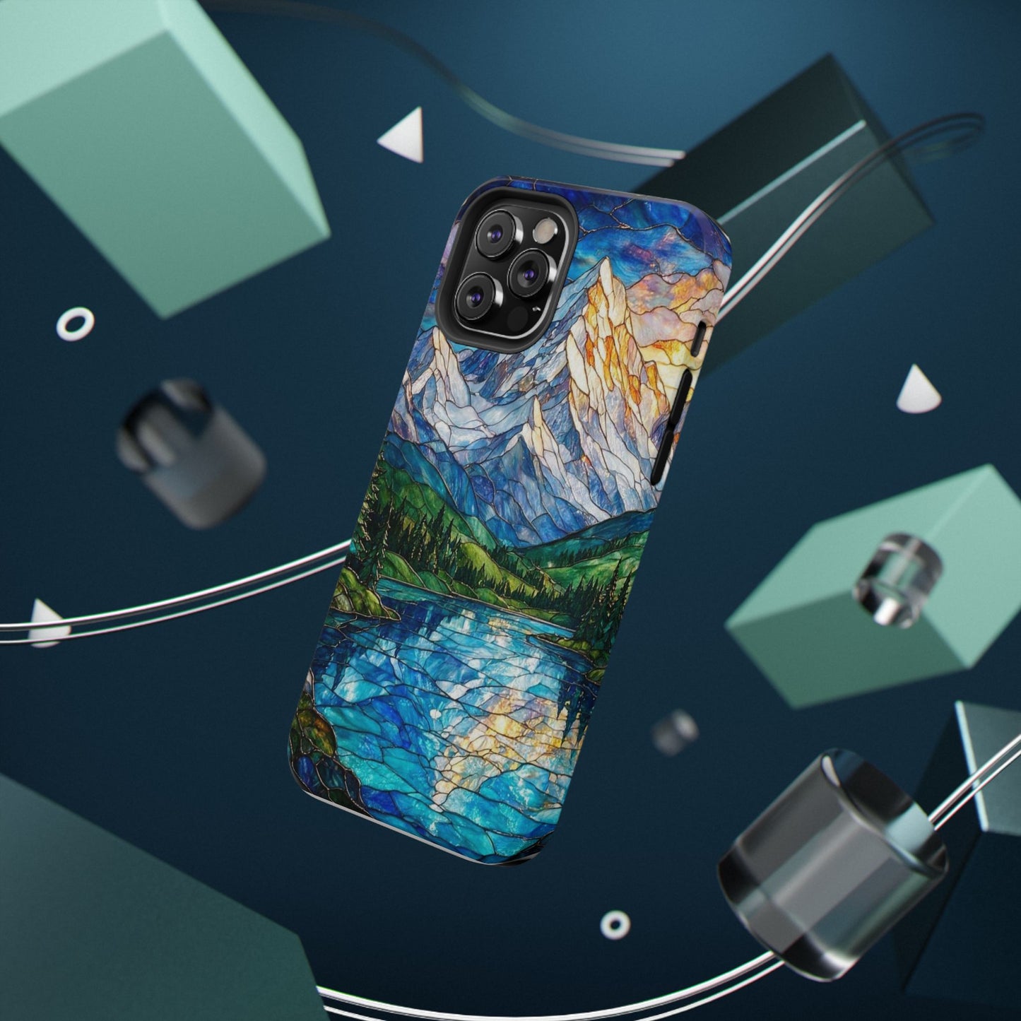 Stained Glass Mountain Lake Mosaic Phone Case — Impact-Resistant Artistic Protection