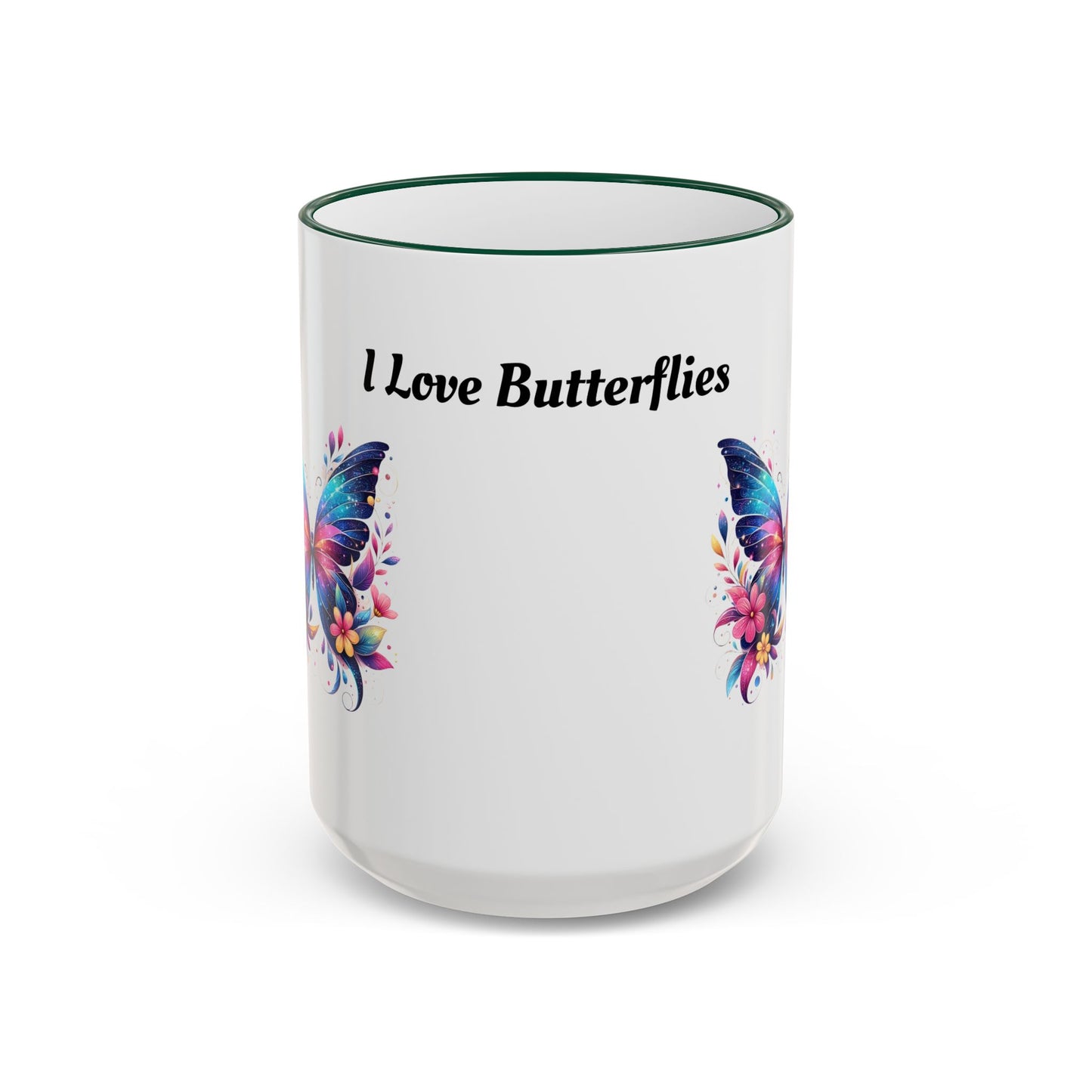 I Love Butterflies Accent Rim Mug — Floral Butterfly Coffee Cup (11oz/15oz)