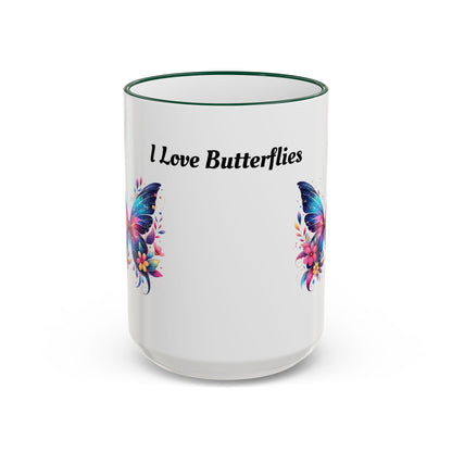 I Love Butterflies Accent Rim Mug — Floral Butterfly Coffee Cup (11oz/15oz)