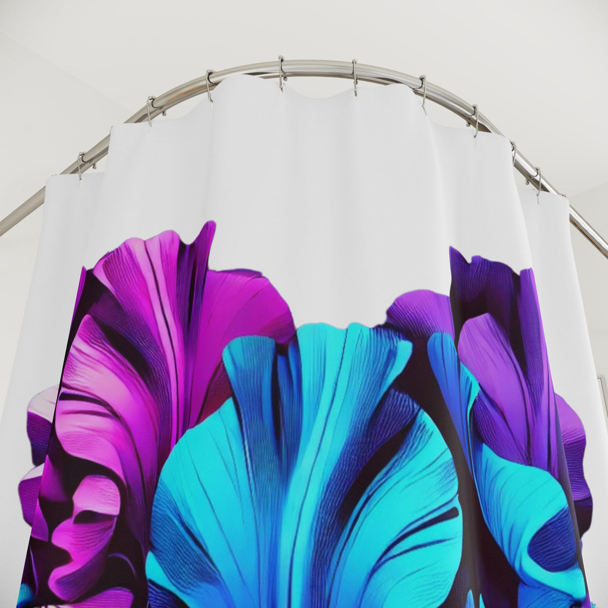 Iris Bloom Shower Curtain — Vibrant Purple & Teal Floral Bathroom Decor