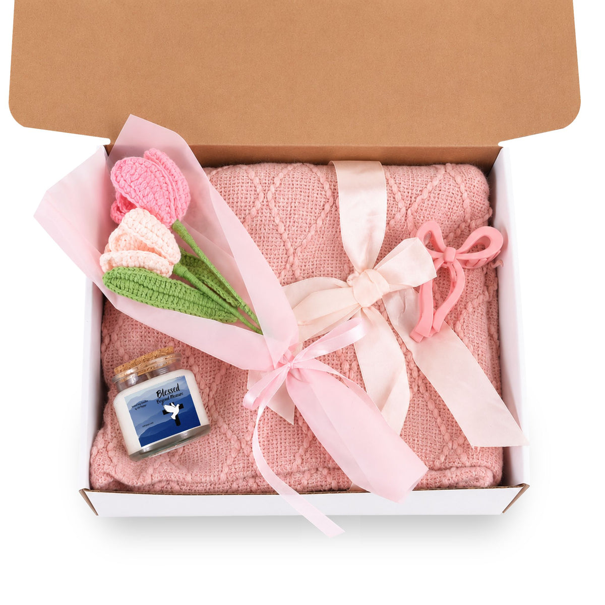 Blessed Beyond Measure Gift Set — Blush Blanket, Crochet Bouquet, Bow Clip & Candle