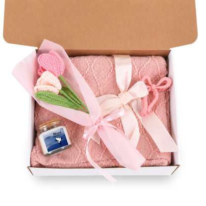 Blessed Beyond Measure Gift Set — Blush Blanket, Crochet Bouquet, Bow Clip & Candle