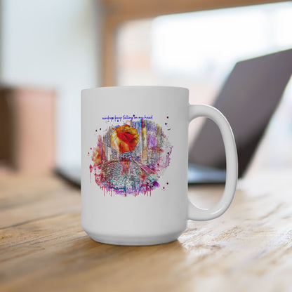 Watercolor Raindrops Keep Falling On My Head Ceramic Mug — Colorful Coffee Cup (11oz & 15oz)
